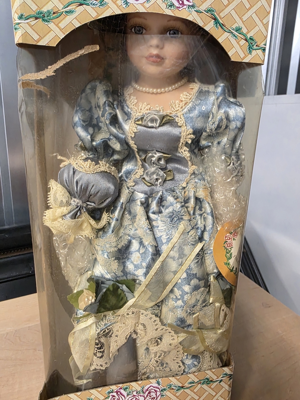 NIB Vintage Victorian-Style Porcelain Doll in Blue and Cream Lace Dress